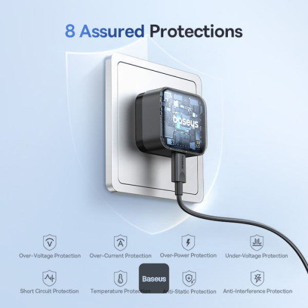 Baseus Palm 30W PD Type-C Fast Charging Wall Charger - UK Plug with Ultra Fast Charging Type-C to Type-C Data Cable 1M