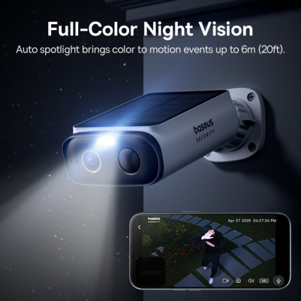 Baseus Security S1 Lite Outdoor Camera 2K – Solar, Night Vision, AI Motion, IP67, No Monthly Fee - White