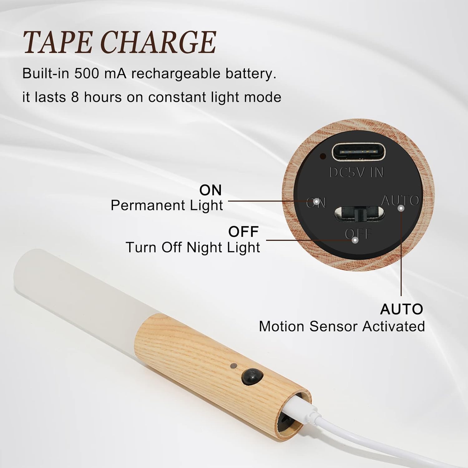 Motion Sensor Night Light | Solid Wood & Frosted Glass | Wireless Stick-Anywhere LED | Bedroom, Hallway & Stairway