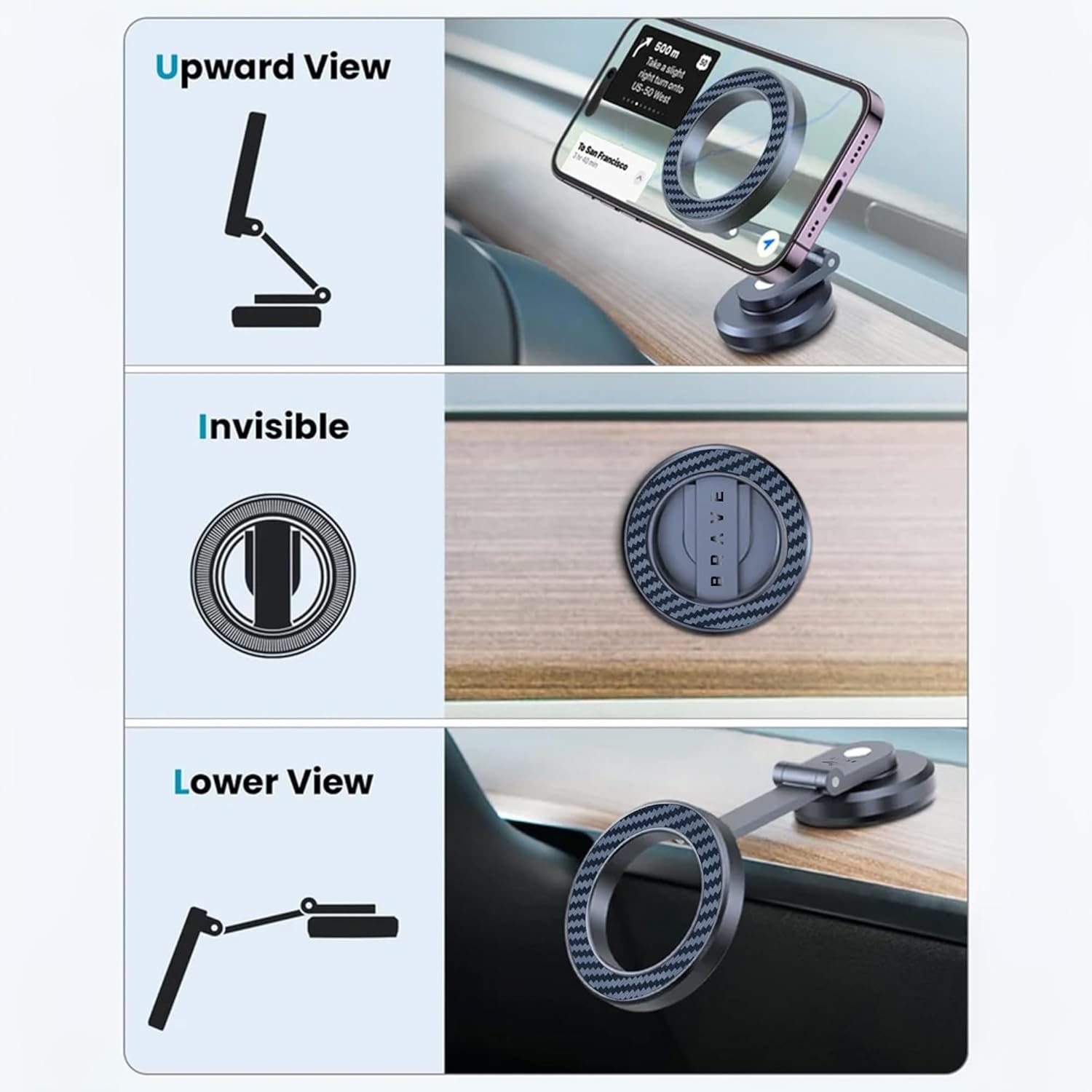 Brave BHL-54 MagSafe Car Phone Holder | 360° Rotating | N52 Magnet | Carbon Fiber Aluminum | Black