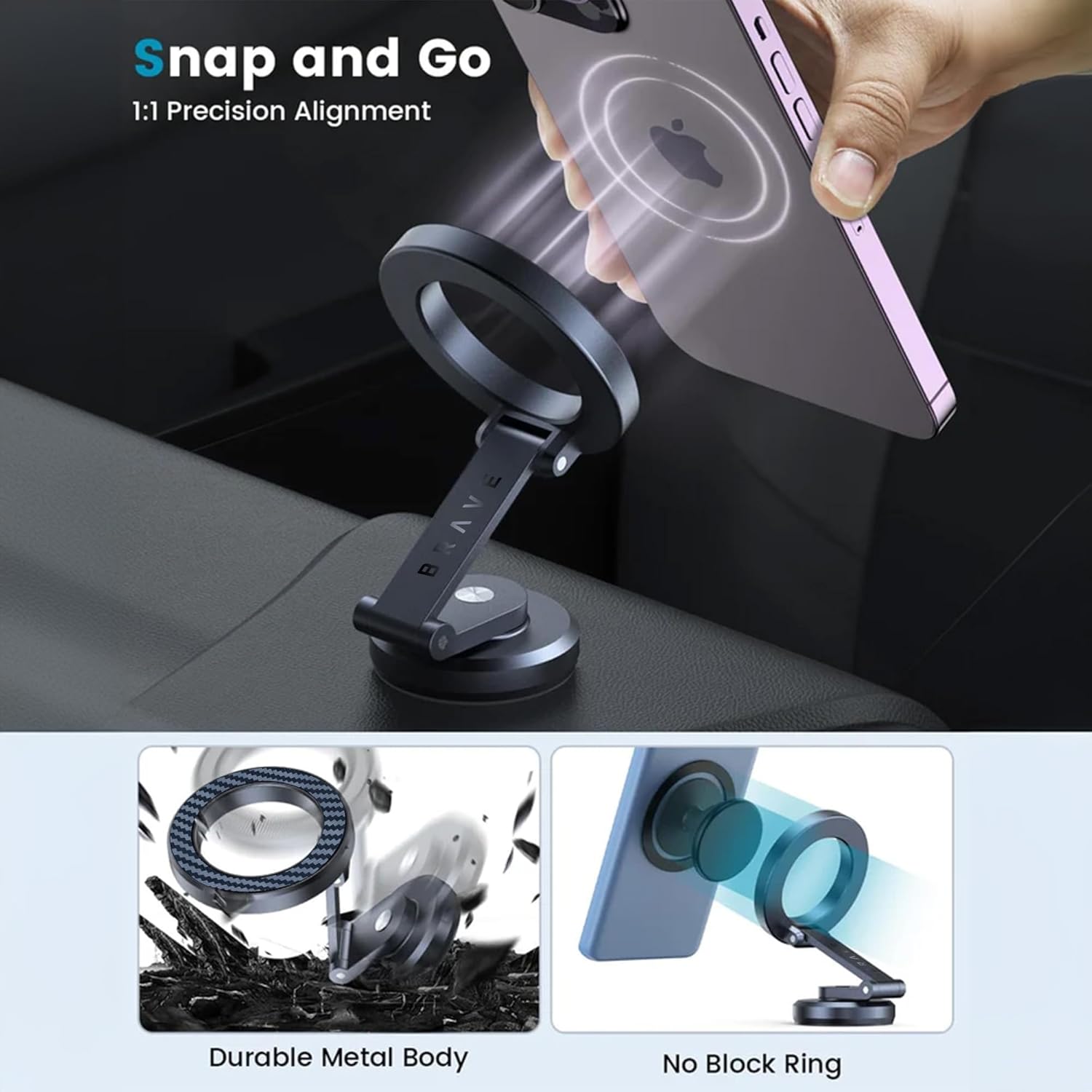 Brave BHL-54 MagSafe Car Phone Holder | 360° Rotating | N52 Magnet | Carbon Fiber Aluminum | Black
