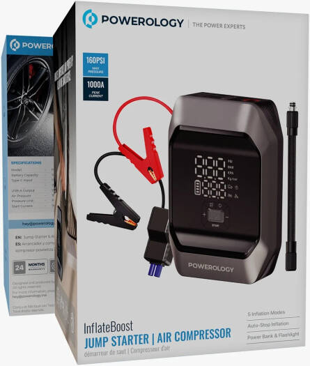Powerology InflateBoost 4-in-1 Jump Starter & Air Compressor 10000mAh – Black