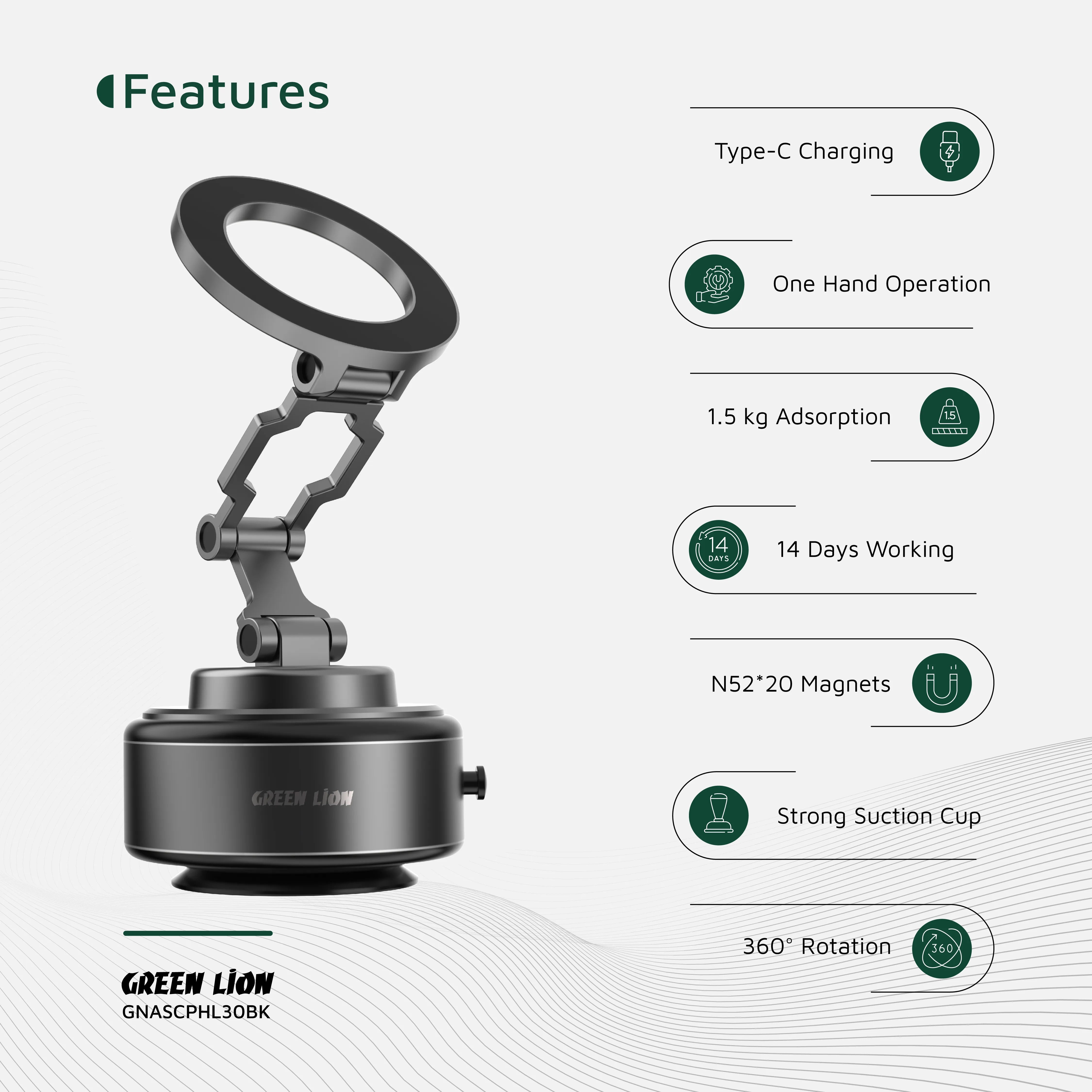 GREEN LION GX-30 AUTO SUCTION PHONE HOLDER - MATTE BLACK