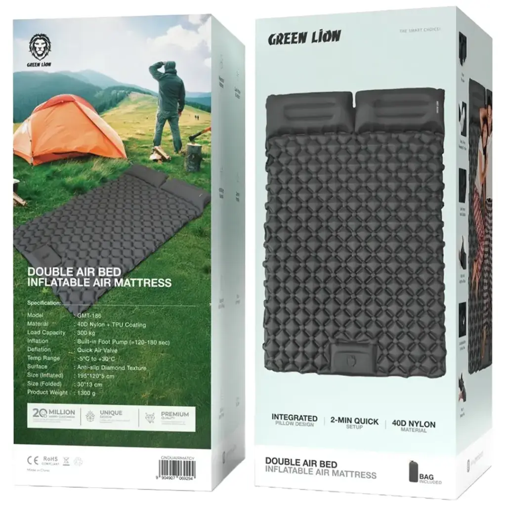Green Lion Double Air Bed Inflatable Air Mattress - Gray
