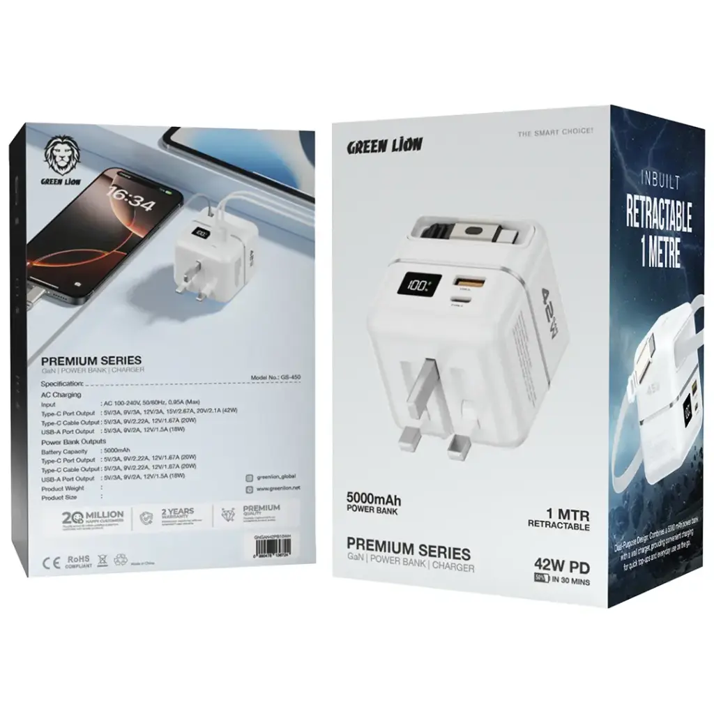 Green Lion GaN Premium Series Charger 42W with 5000mAh Power Bank