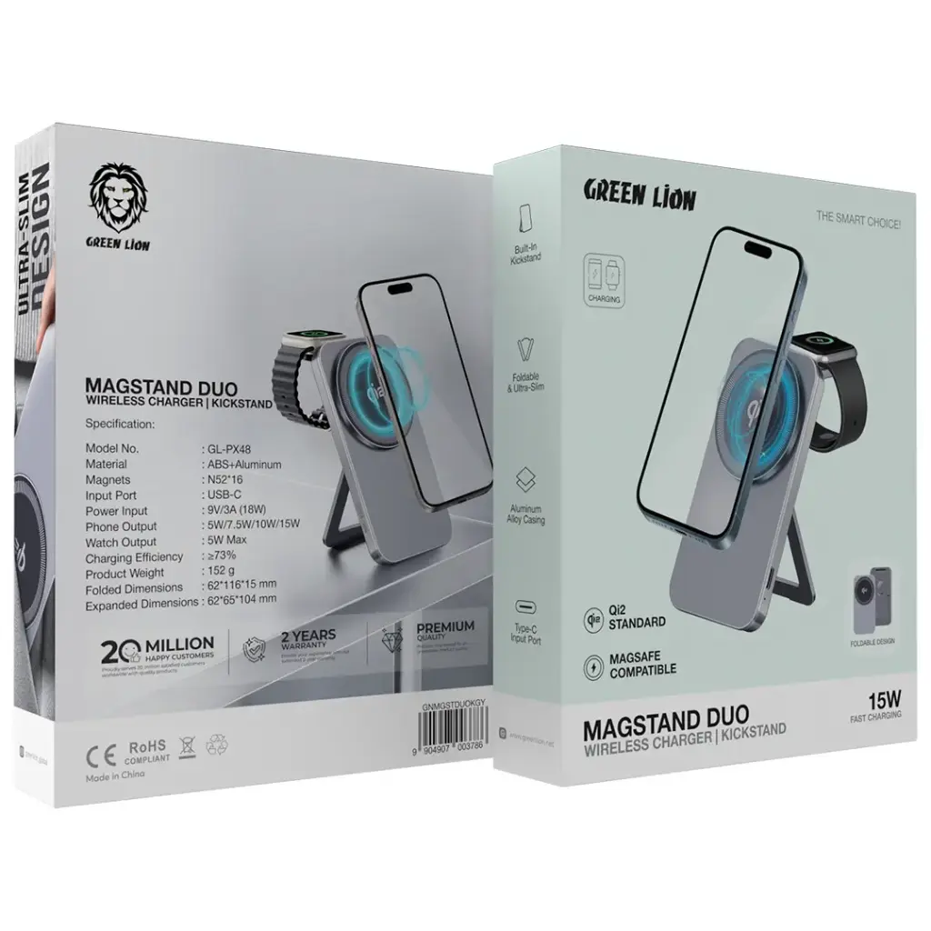 Green Lion Magstand Duo Wireless Charger with Kickstand 15W - Gray