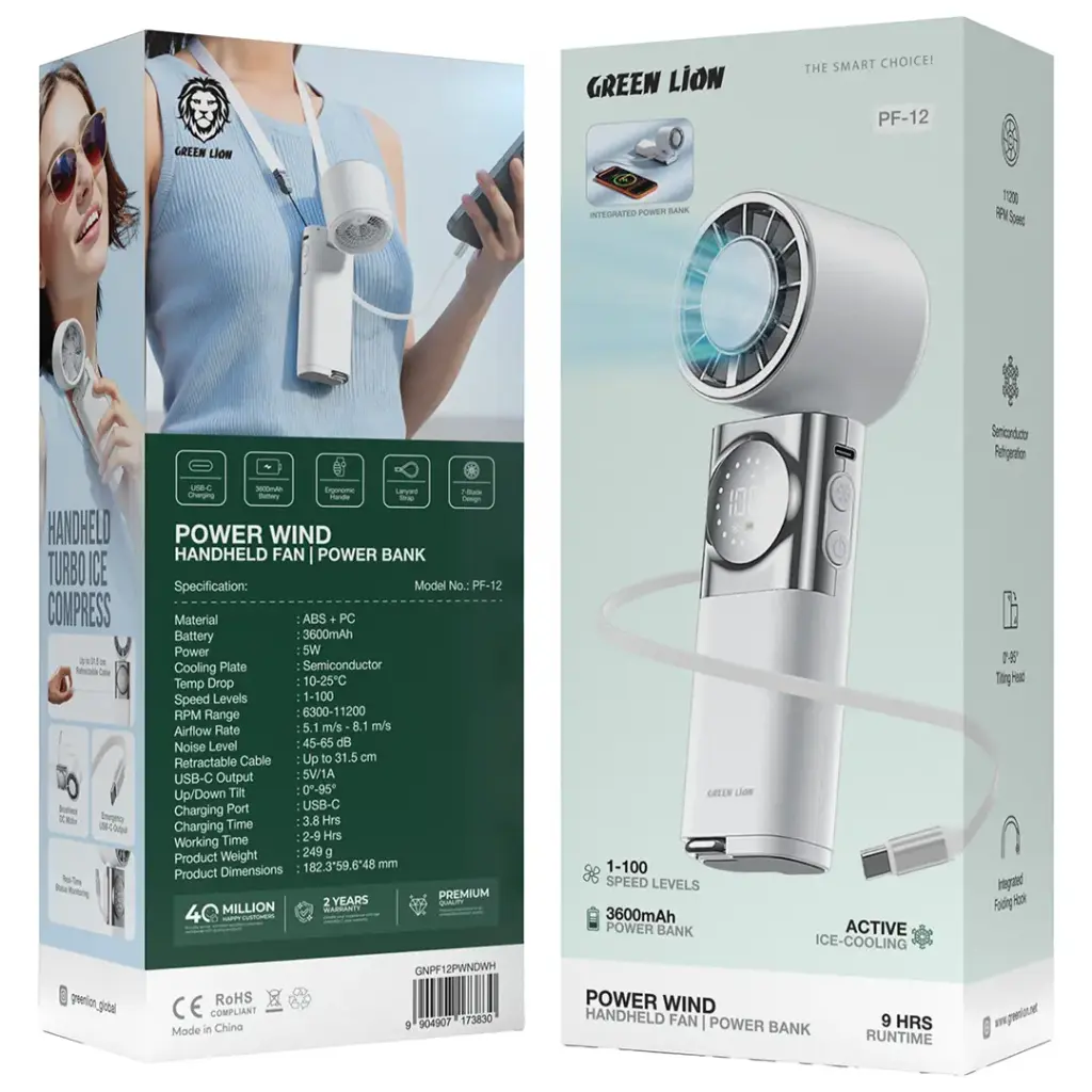 Green Lion Power Wind Handheld Fan with Power Bank - White