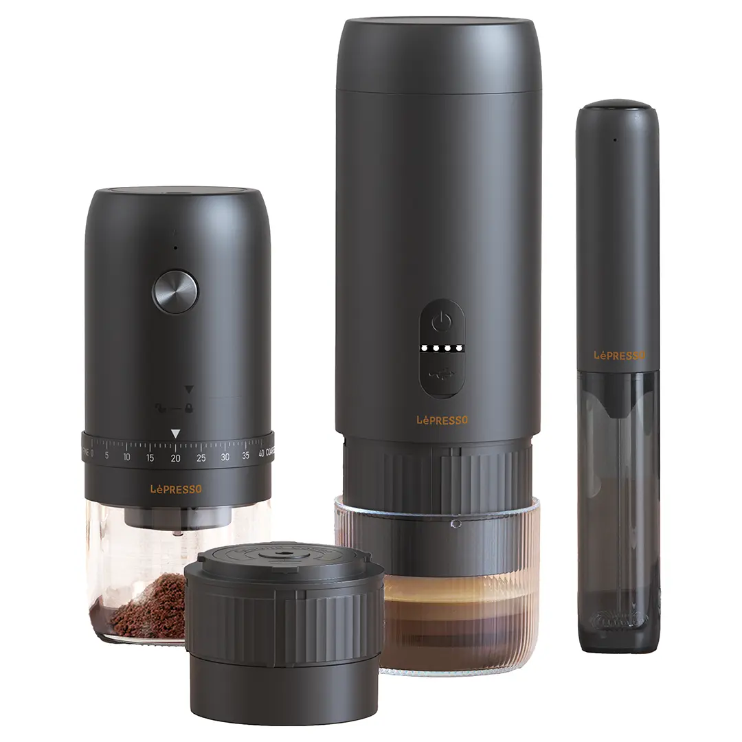 Lepresso Brewology Coffee Kit (Espresso Maker, Rechargeable Grinder & Milk Frother) - Black