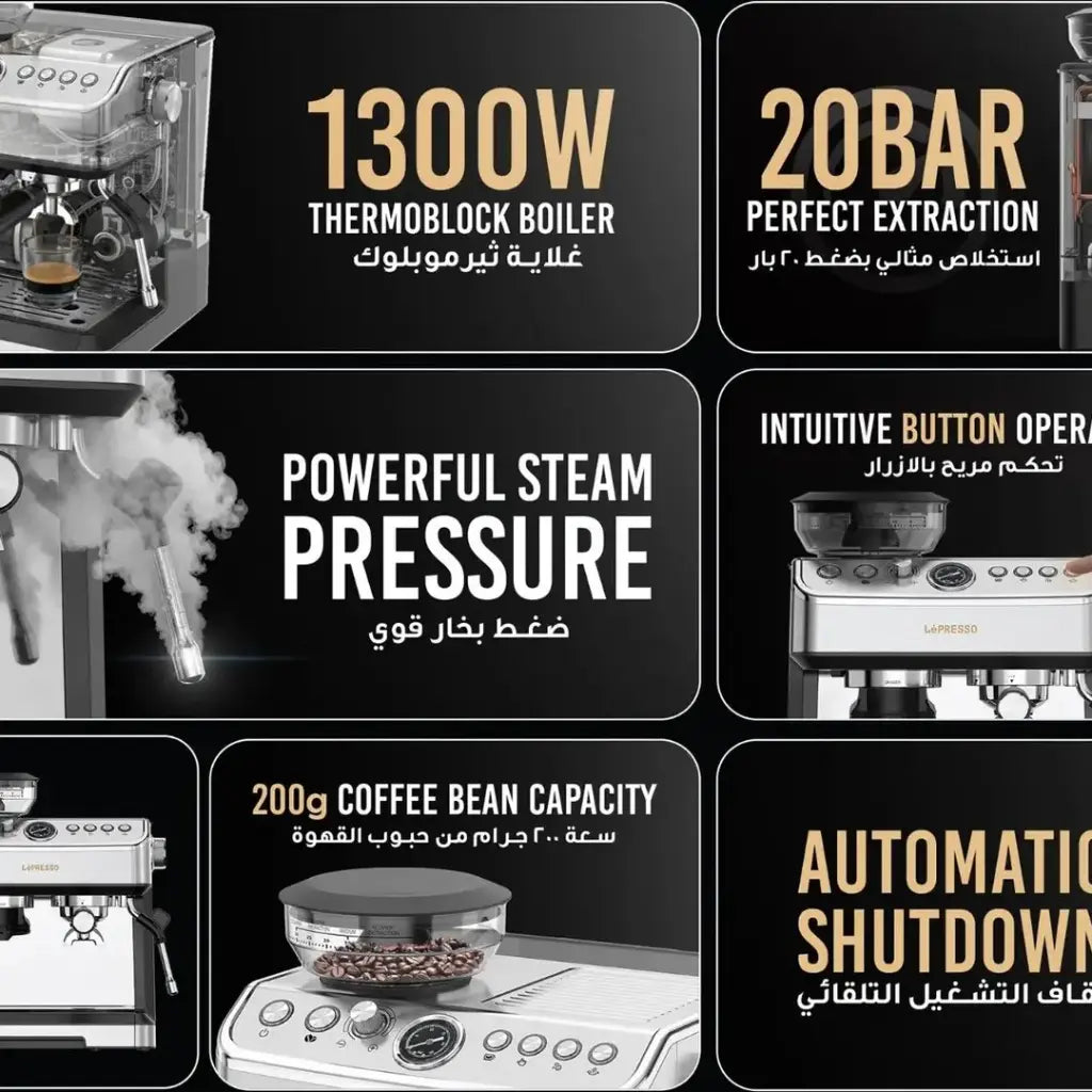 Lepresso Espresso Machine Conical Grinder & Steamer - Silver