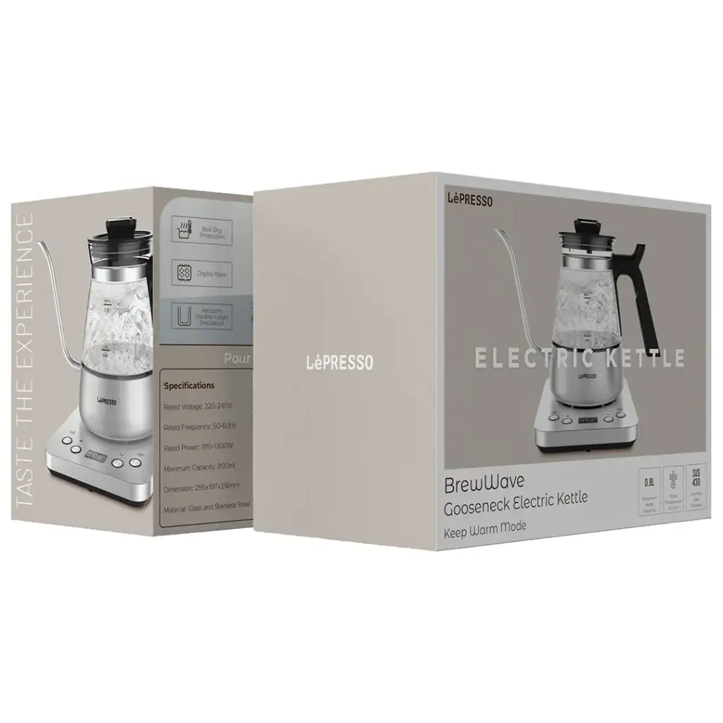 Lepresso BrewWave Gooseneck Electric Kettle with Keep Warm Mode - Silver