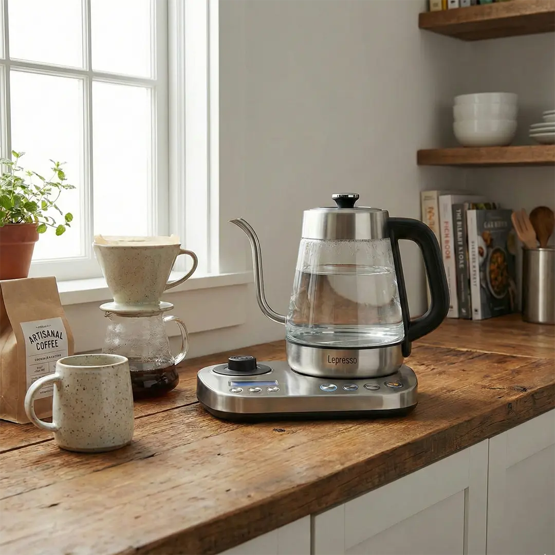 Lepresso BrewWave Gooseneck Electric Kettle with Keep Warm Mode - Silver