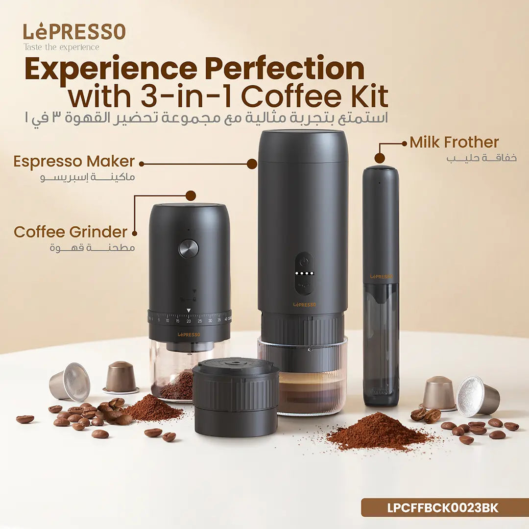 Lepresso Brewology Coffee Kit (Espresso Maker, Rechargeable Grinder & Milk Frother) - Black