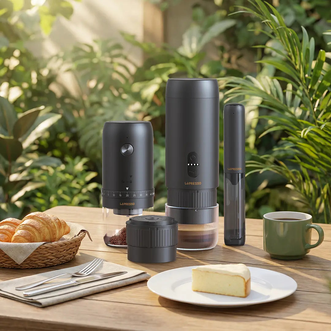 Lepresso Brewology Coffee Kit (Espresso Maker, Rechargeable Grinder & Milk Frother) - Black