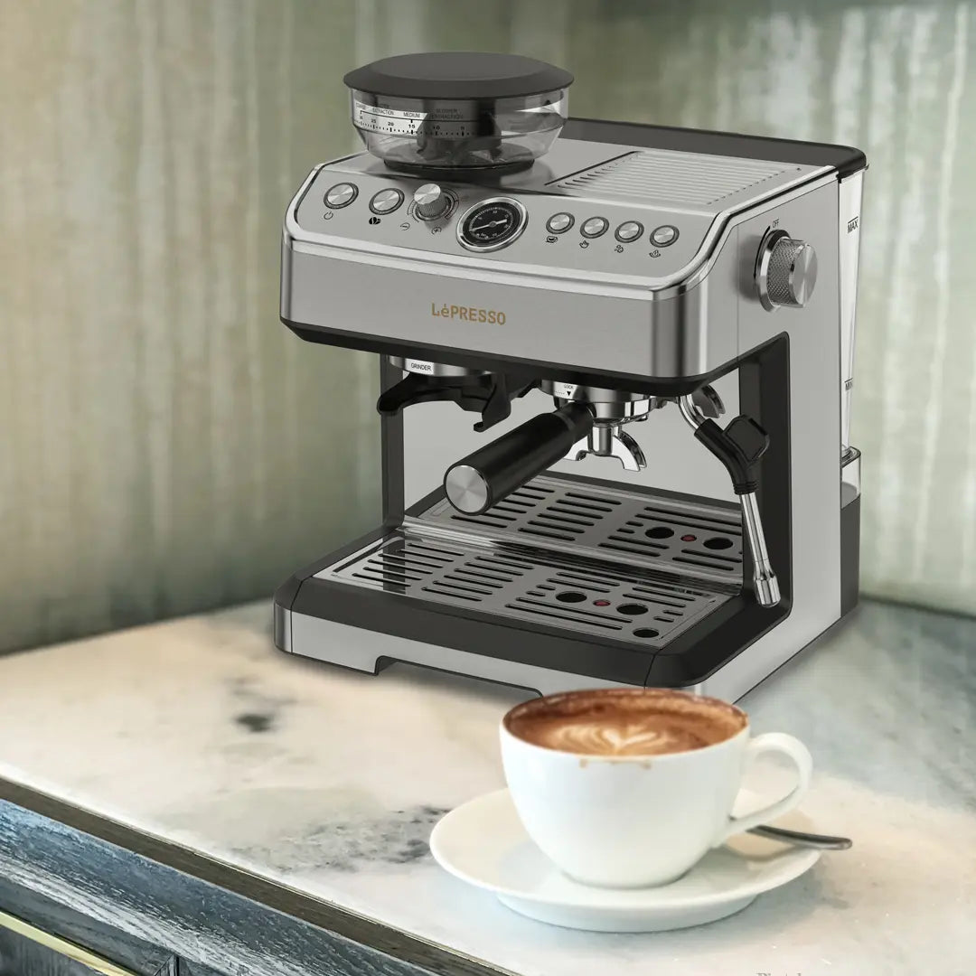 Lepresso Espresso Machine Conical Grinder & Steamer - Silver