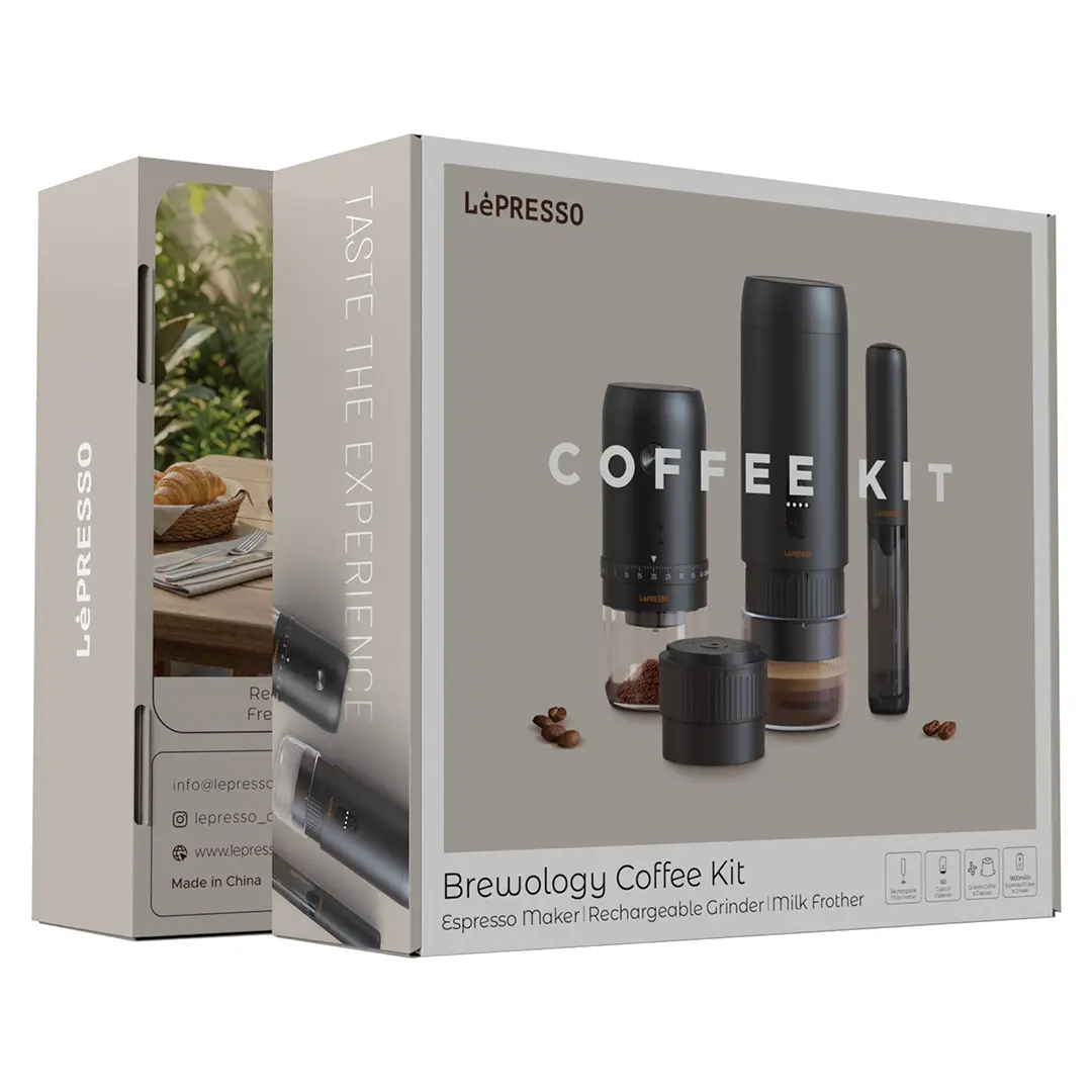 Lepresso Brewology Coffee Kit (Espresso Maker, Rechargeable Grinder & Milk Frother) - Black