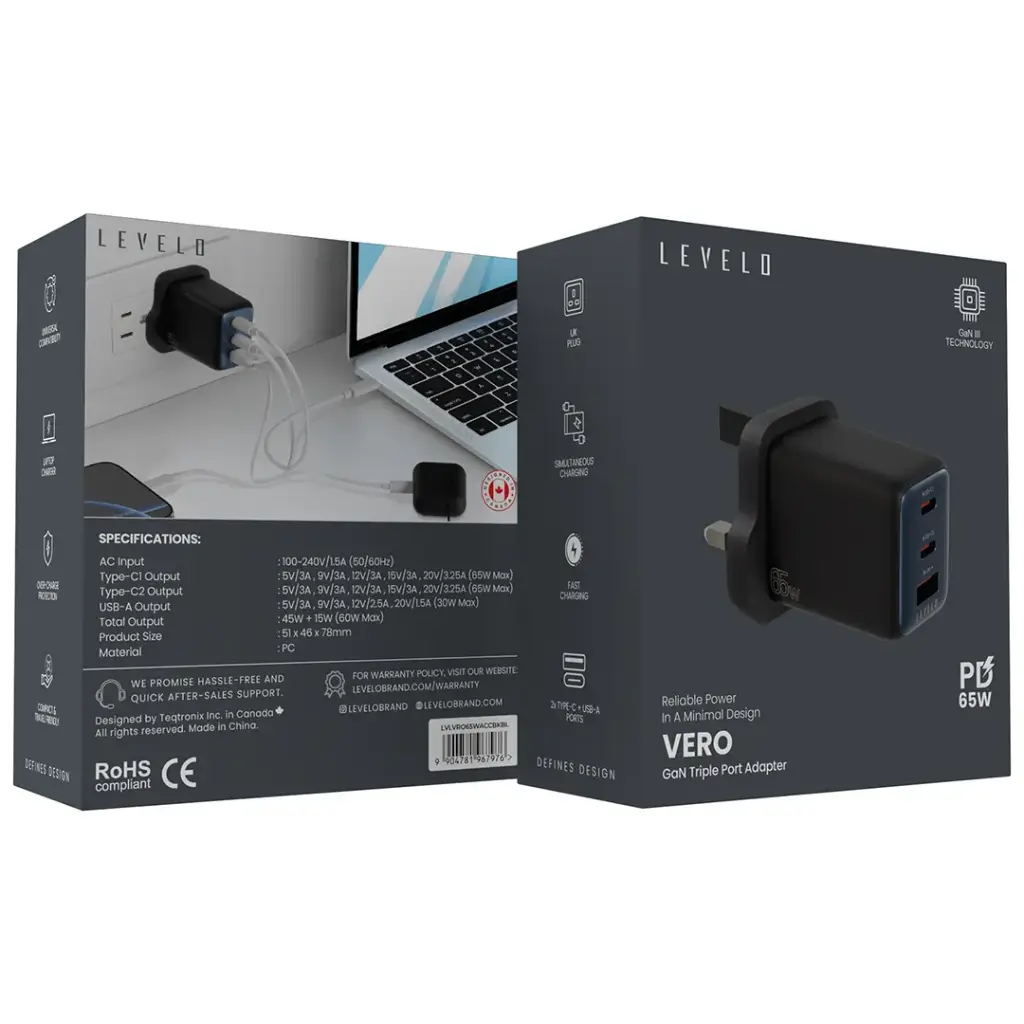 Levelo Vero GaN Double Port Adapter 65W - Black / Blue