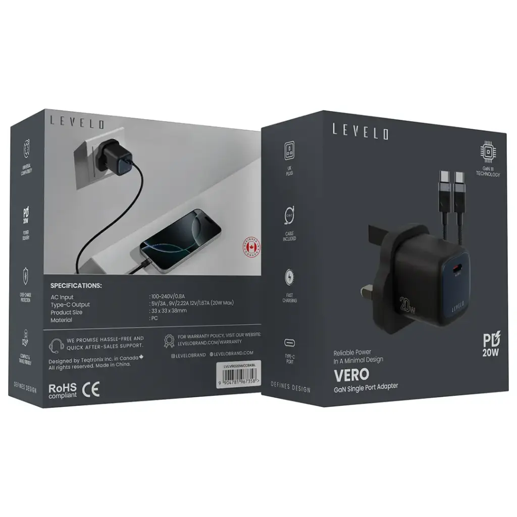 Levelo Vero GaN Single Port Adapter 20W with Type-C to Type-C/Lightning Cable - Black / Blue
