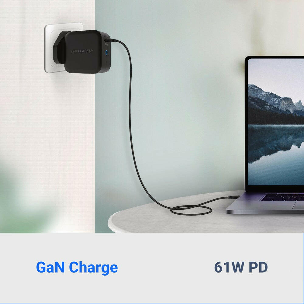 Powerology Ultra-Compact 61W PD GaN Charger Includes 2m /6.6ft USB-C to USB-C Cable - Phonology