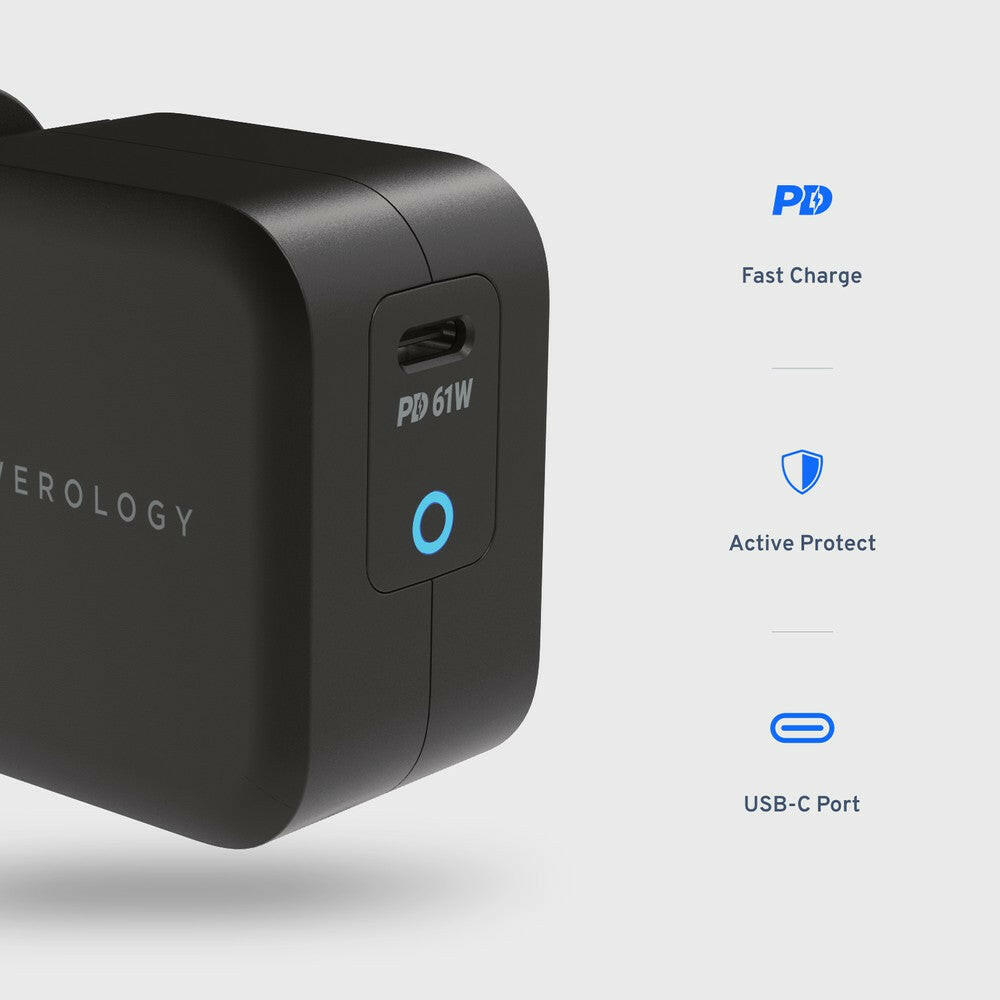 Powerology Ultra-Compact 61W PD GaN Charger Includes 2m /6.6ft USB-C to USB-C Cable - Phonology
