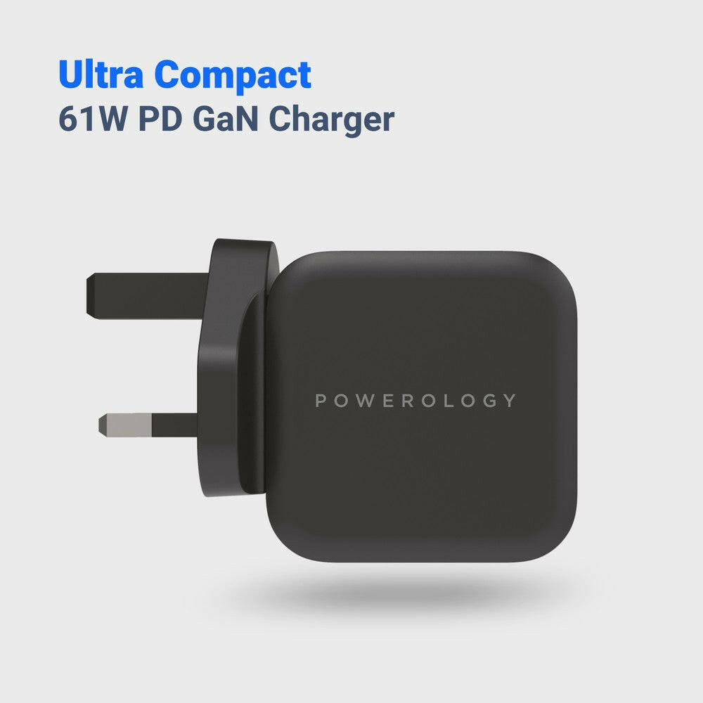 Powerology Ultra-Compact 61W PD GaN Charger Includes 2m /6.6ft USB-C to USB-C Cable - Phonology