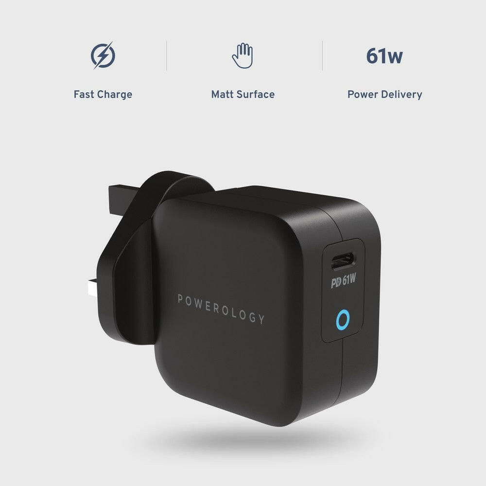 Powerology Ultra-Compact 61W PD GaN Charger Includes 2m /6.6ft USB-C to USB-C Cable - Phonology