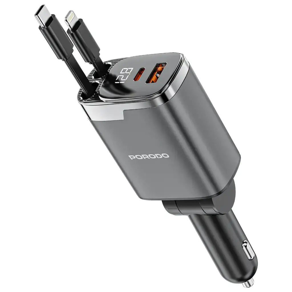 Porodo 111W Car Charger with Lightning & Type-C Retractable Cables - Gray