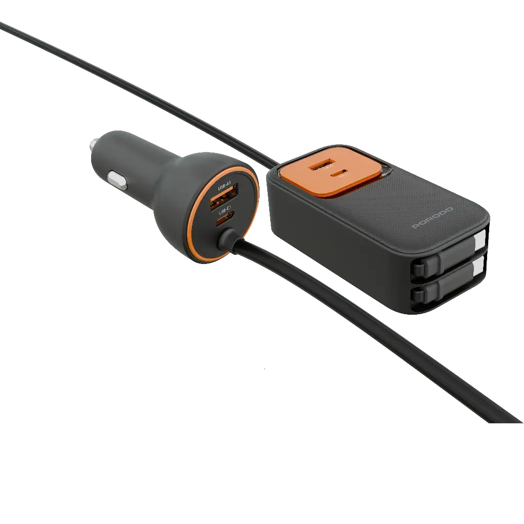 Porodo ENZO Multi-Port Car Charger Dual 70cm Retractable Cables - Black