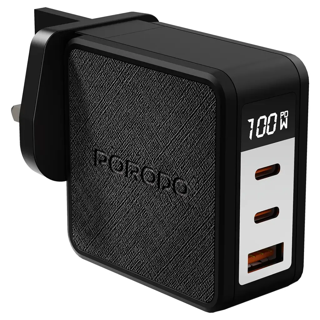 Porodo Quantum GaN 100W Multi-Port Charger with Digital Display - Black