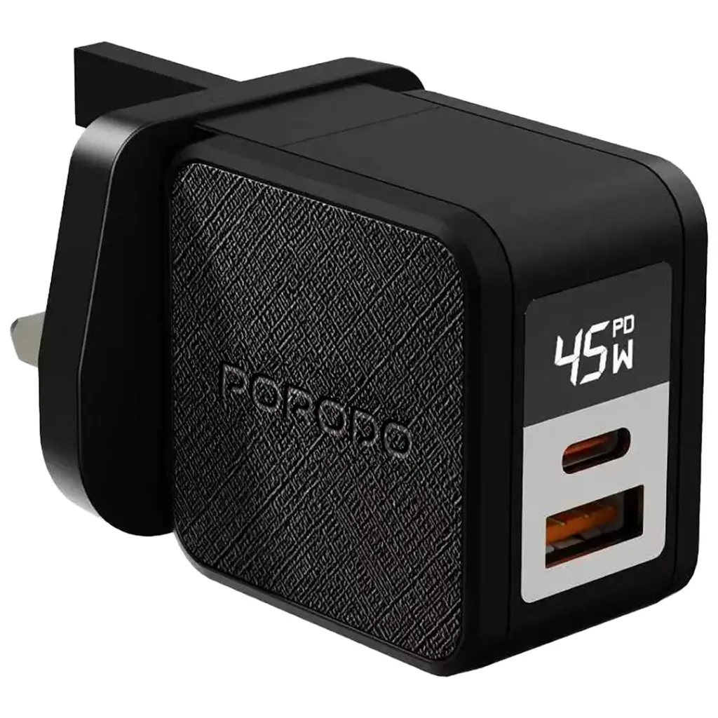 Porodo Quantum GaN 45W Multi-Port Charger with Digital Display - Black