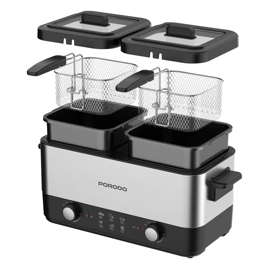 Porodo Lifestyle Dual Crispo Dual Basket Electric Deep Fryer with Manual Heat Control - Black