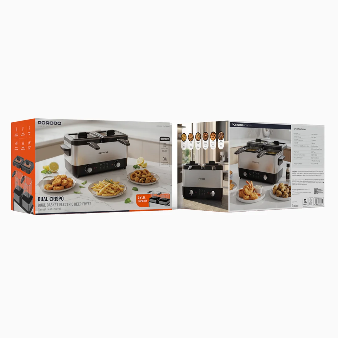 Porodo Lifestyle Dual Crispo Dual Basket Electric Deep Fryer with Manual Heat Control - Black