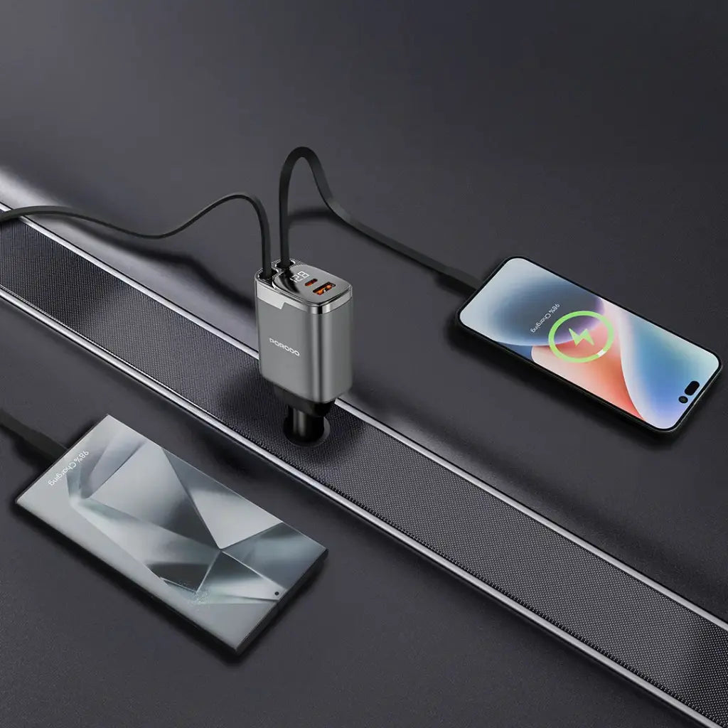 Porodo 111W Car Charger with Lightning & Type-C Retractable Cables - Gray