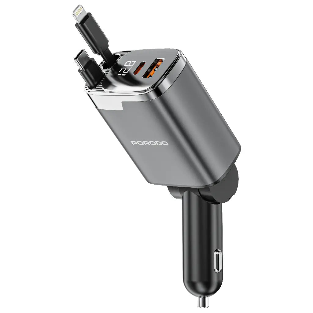 Porodo 111W Car Charger with Lightning & Type-C Retractable Cables - Gray