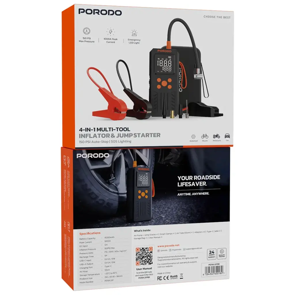 Porodo 4-In-1 Multi-Tool Inflator & Jump Starter with 150PSI Auto-Stop & SOS Lighting - Black