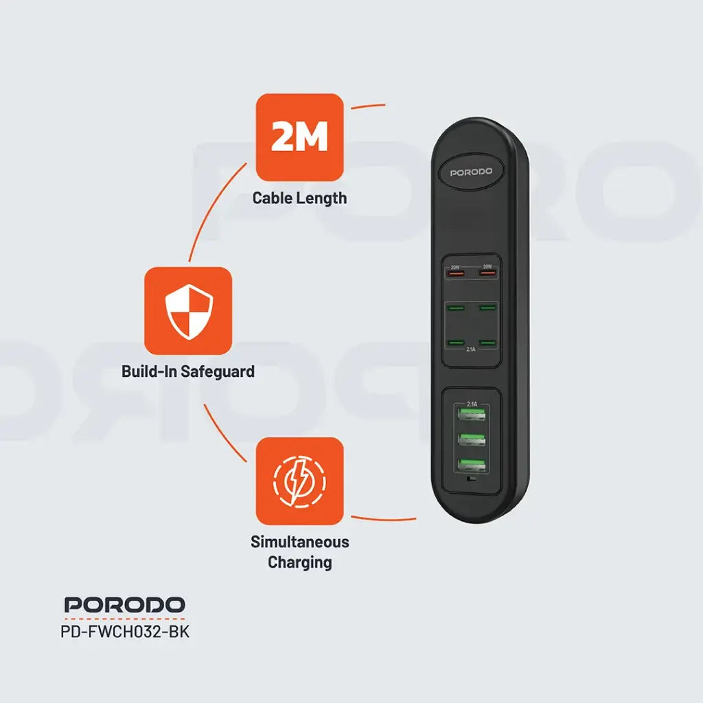 Porodo 50W Multi-Port USB Charging HUB - Black