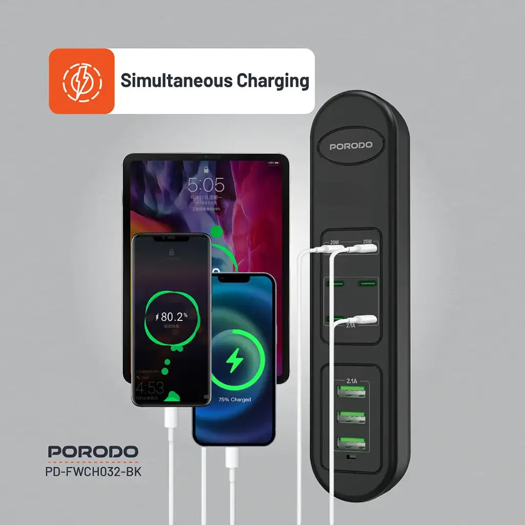 Porodo 50W Multi-Port USB Charging HUB - Black