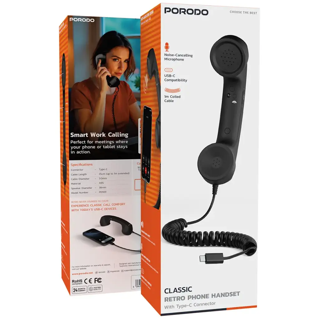 Porodo Classic Retro Phone Handset with Type-C Connector - Black