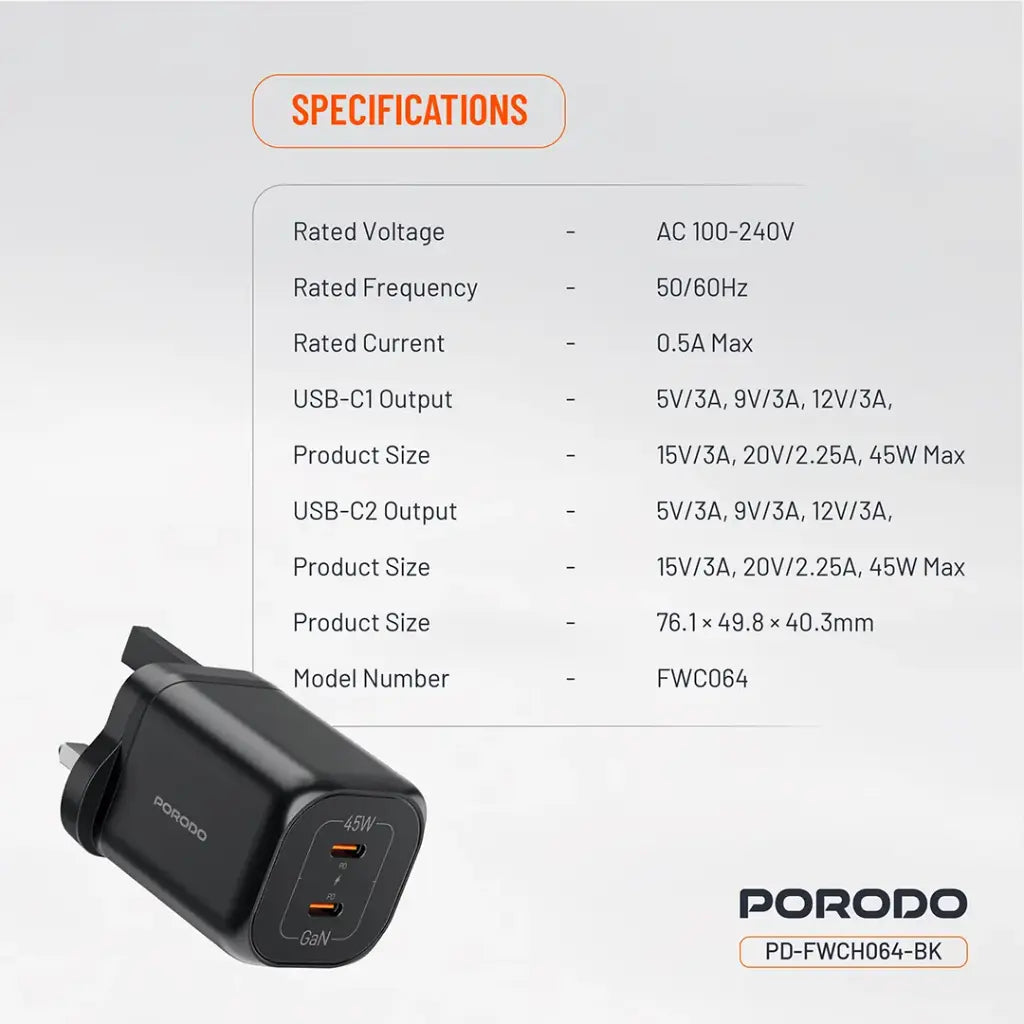 Porodo Dual USB-C Quick Charger - Black