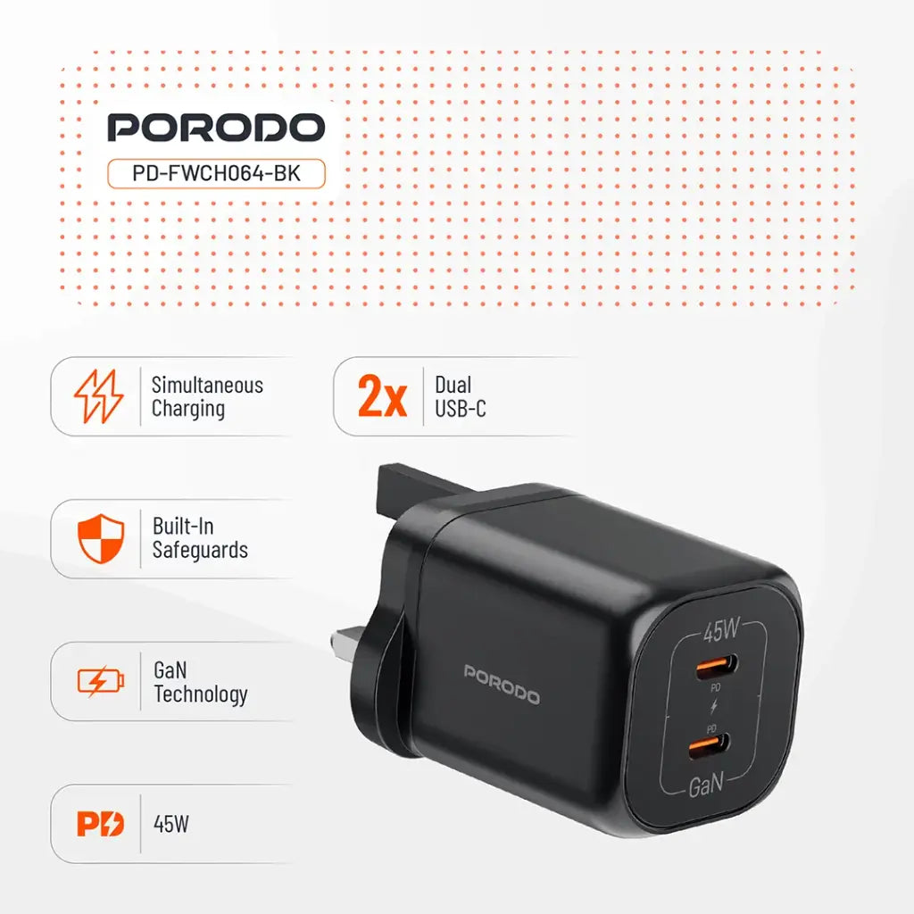 Porodo Dual USB-C Quick Charger - Black