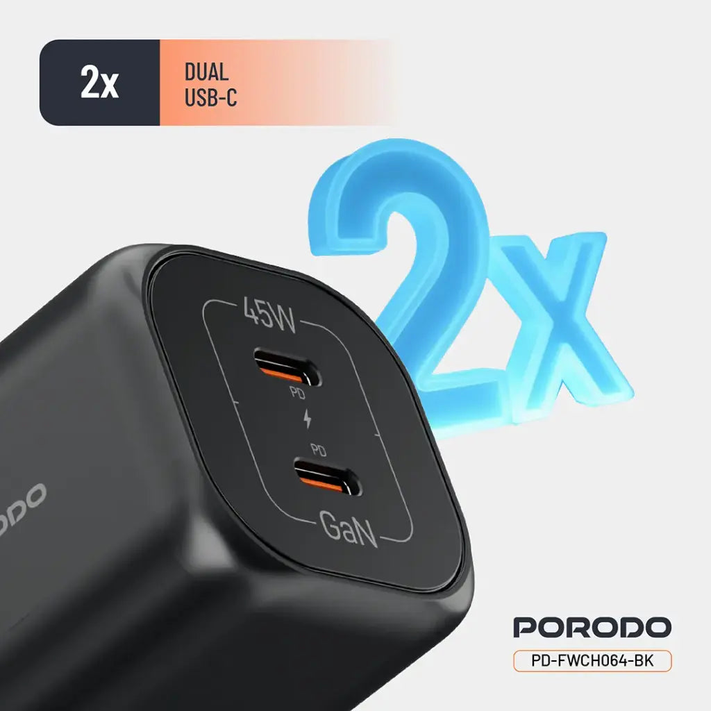 Porodo Dual USB-C Quick Charger - Black