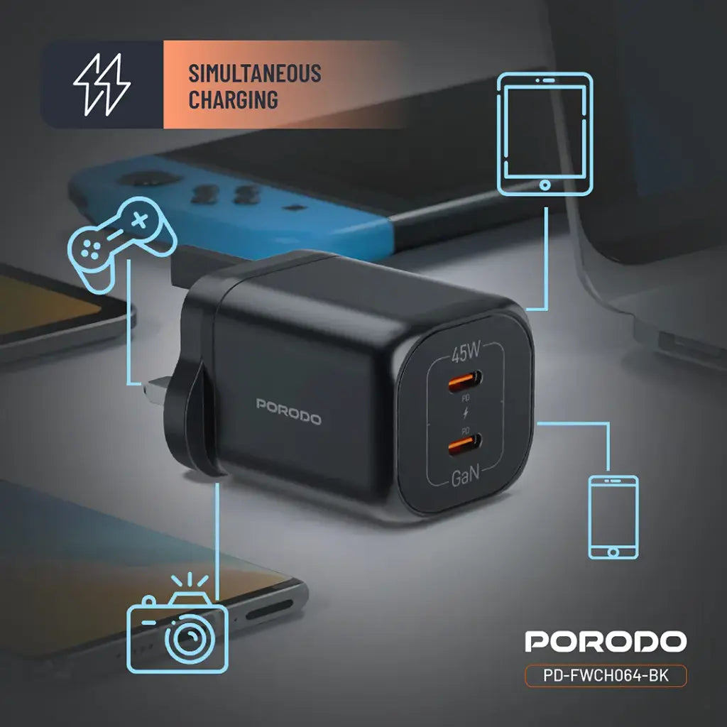 Porodo Dual USB-C Quick Charger - Black