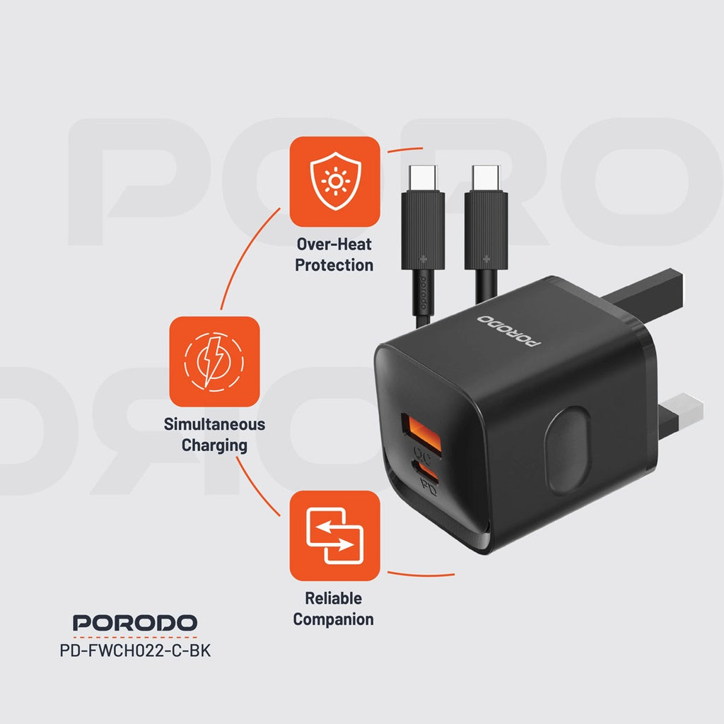 Porodo Dual Port Wall Charger UK with Type-C Cable - Black