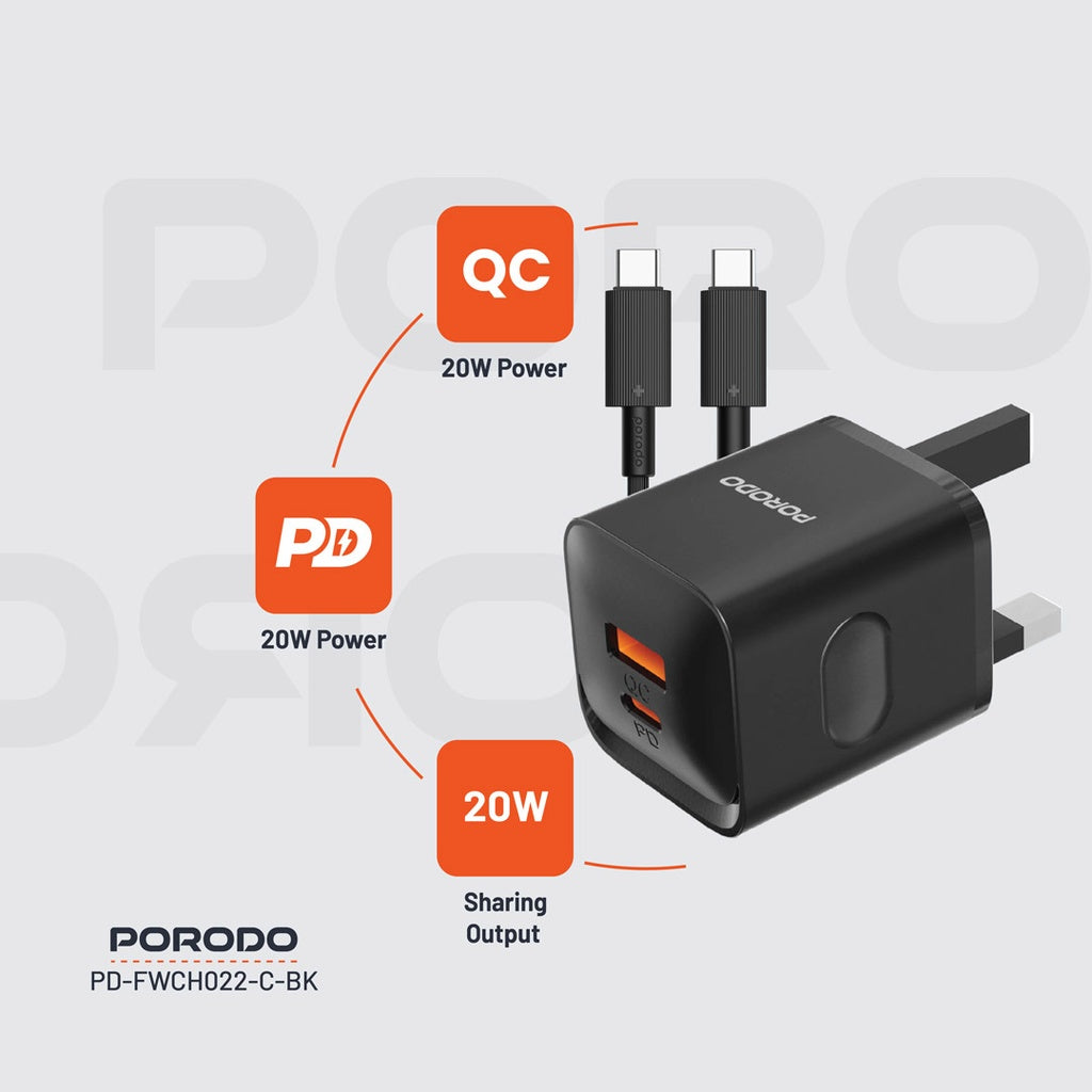 Porodo Dual Port Wall Charger UK with Type-C Cable - Black