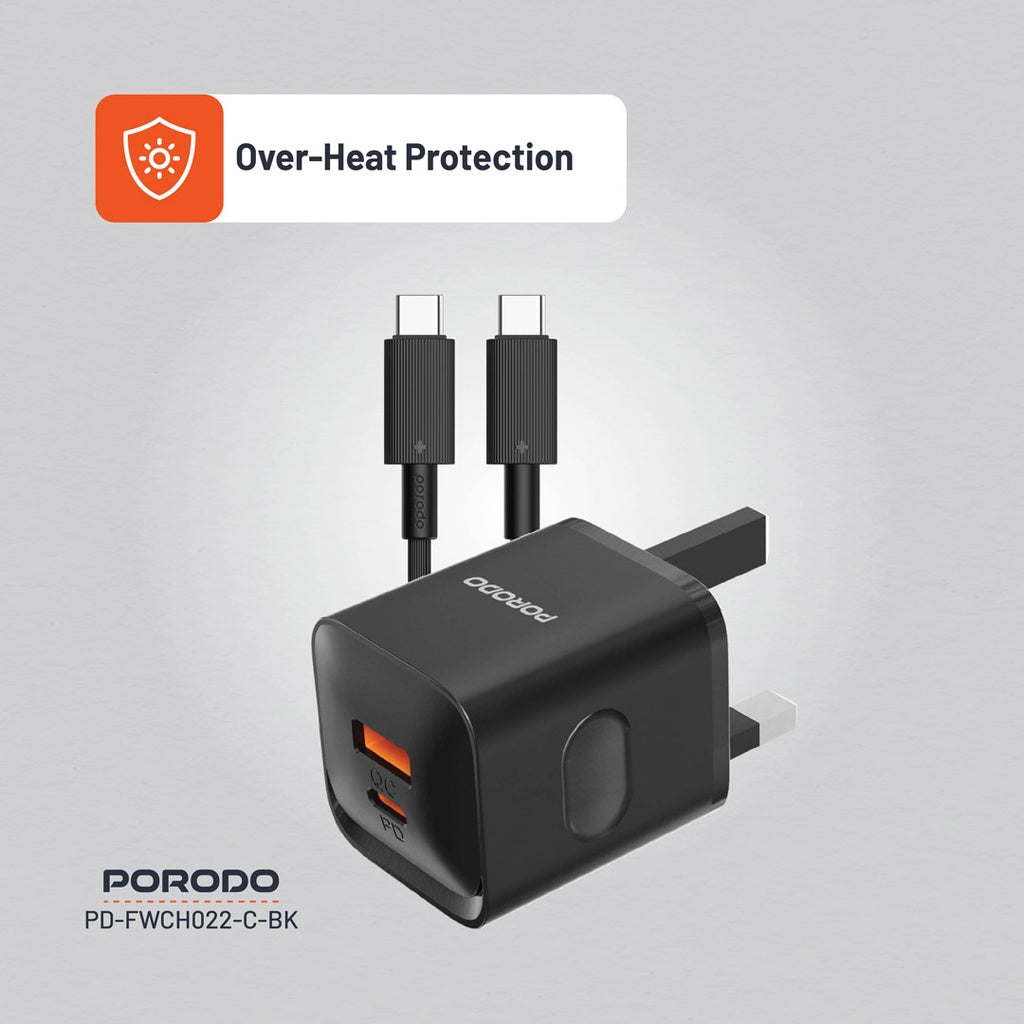 Porodo Dual Port Wall Charger UK with Type-C Cable - Black