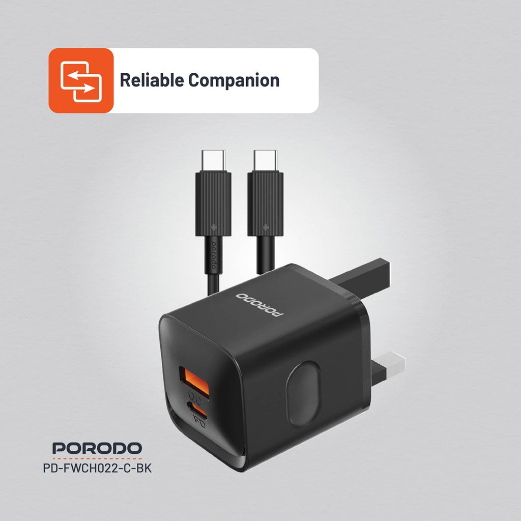 Porodo Dual Port Wall Charger UK with Type-C Cable - Black