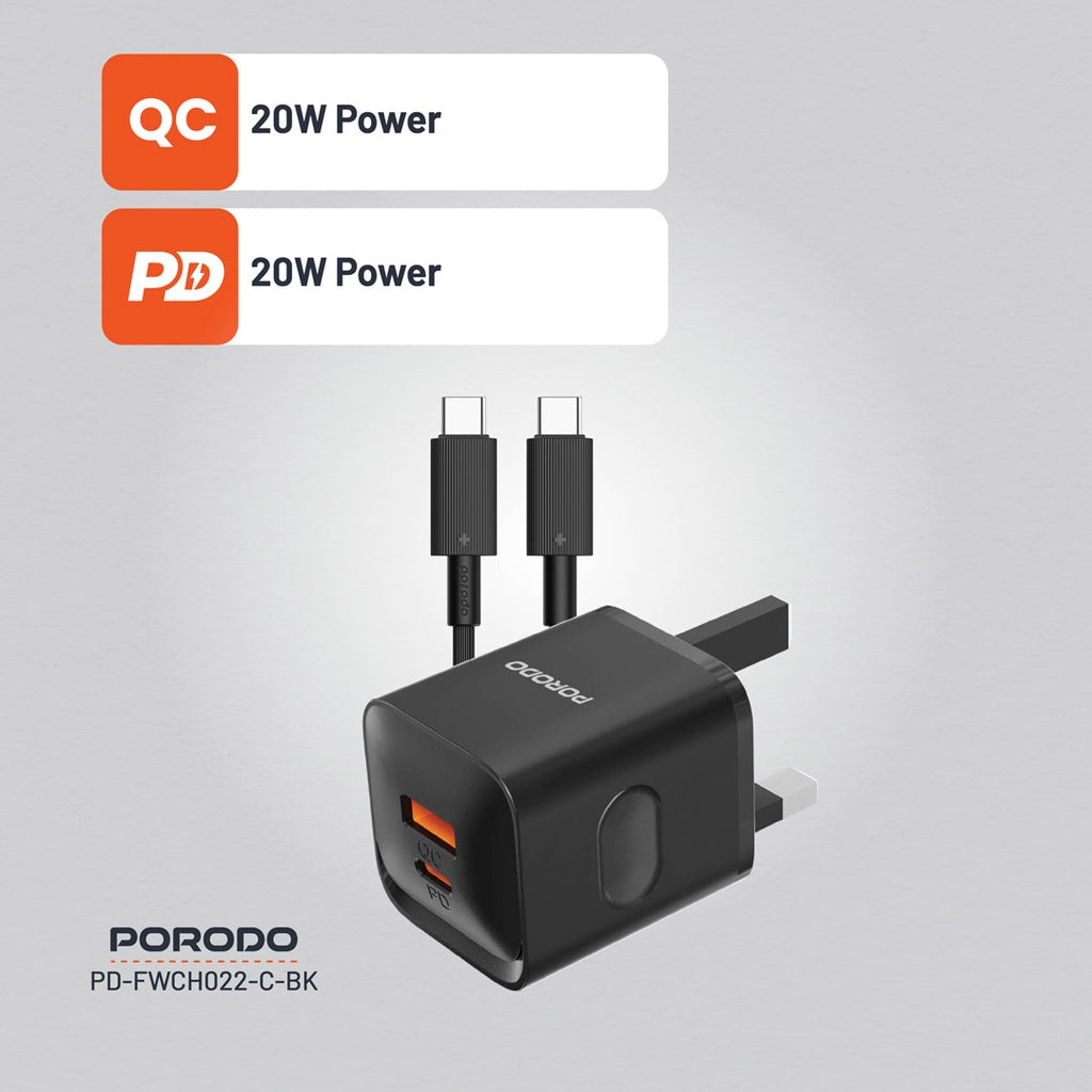 Porodo Dual Port Wall Charger UK with Type-C Cable - Black