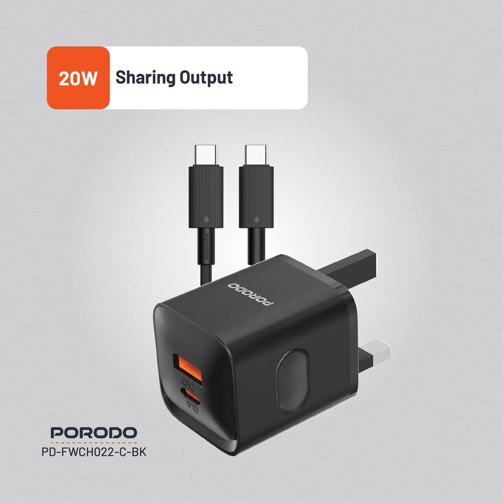 Porodo Dual Port Wall Charger UK with Type-C Cable - Black