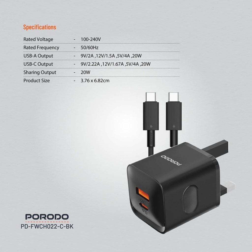 Porodo Dual Port Wall Charger UK with Type-C Cable - Black