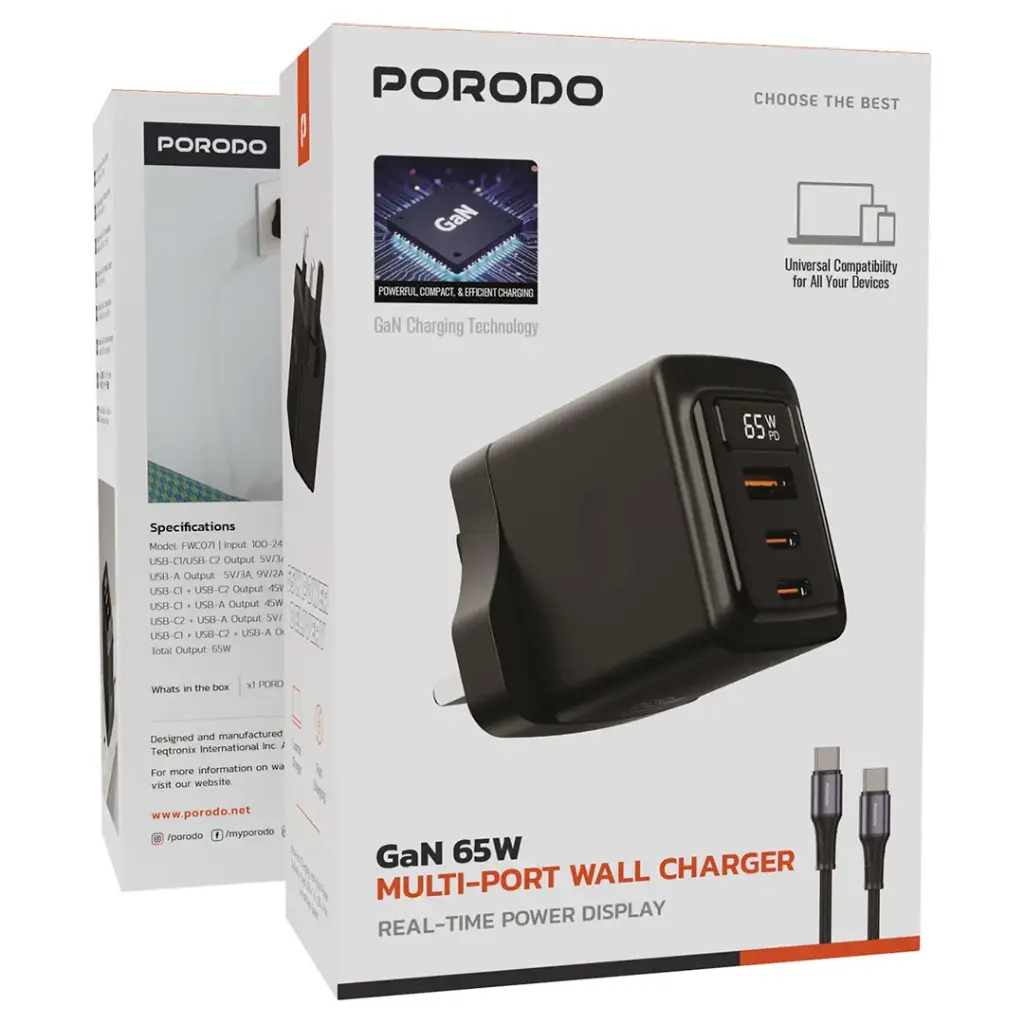 Porodo GaN 65W Multi-Port Wall Charger - Black