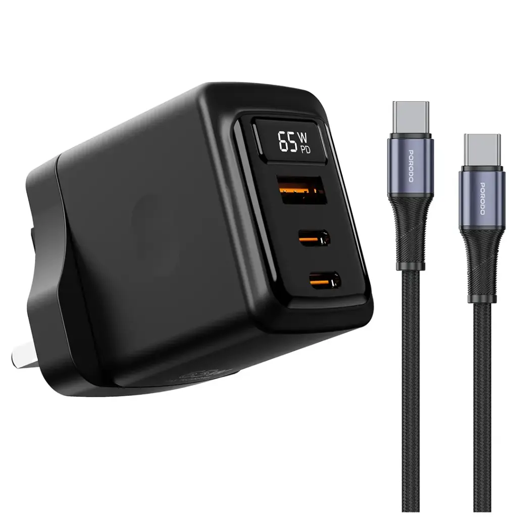 Porodo GaN 65W Multi-Port Wall Charger - Black